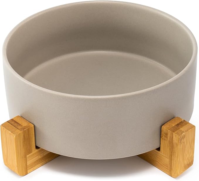 SPUNKYJUNKY Ceramic Dog and Cat Bowl Set with Wooden Stand, Modern Cute Weighted Food Water Set for Small Size Dogs (13.5OZ) & Medium Sized Dogs (28.7OZ) & Cats (7.6 Cups, Grey×1)