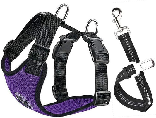 SlowTon Dog Seat Belt Harness for Car, Dog Car Harness Adjustable Mesh Breathable & Dog Seatbelt Safety Tether with Elastic Bungee for Small Medium Large Pets