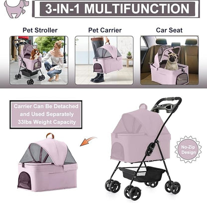 3 in 1 Pet Stroller for Small Dogs and Cats 4 Wheels