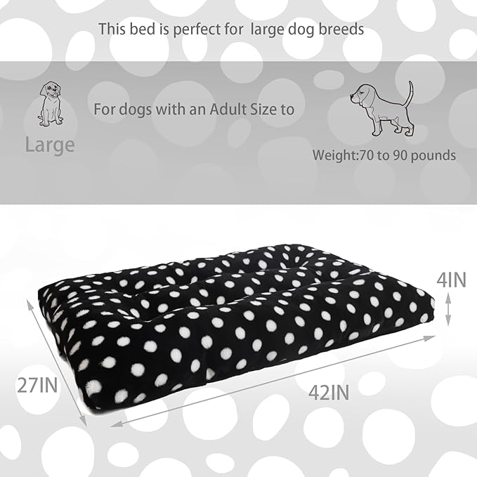 42x28 Dog Crate Bed Washable Anti-Slip Short Plush Fits Large Dogs 60-80 lbs Dog Crate Beds for Large Dogs 42 Inch Perfect Large Dog Bed for Crate Black with White Dots