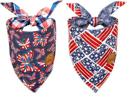 CROWNED BEAUTY 4th of July Patriotic Dog Bandanas Reversible Small 2 Pack DB121-S