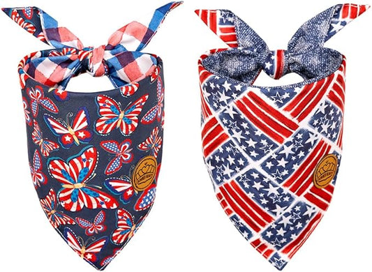 CROWNED BEAUTY 4th of July Patriotic Dog Bandanas Reversible Large 2 Pack DB121-L