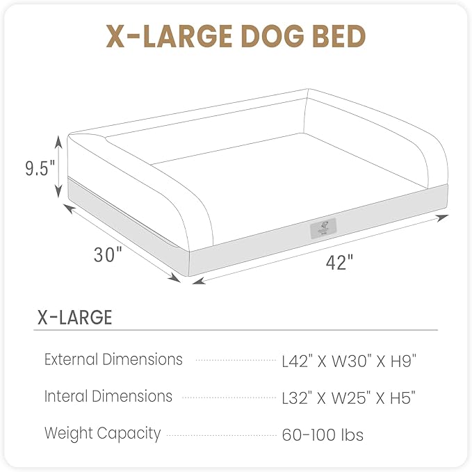 XL Dog Bed, Brown Dog Beds for Extra Large Dogs, Washable Dog Bed with Removale Bolsters, High Bolster Dog Bed with Nonslip Bottom, Extra Large Dog Bed up to 100 lbs