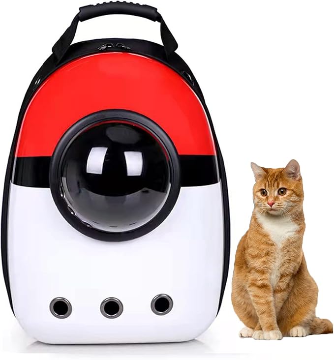 Pet Travel Carrier, Cat Dog Dome Space Capsule Bubble Backpack, Portable Waterproof Breathable Knapsack for Hiking, Traveling (White/red)