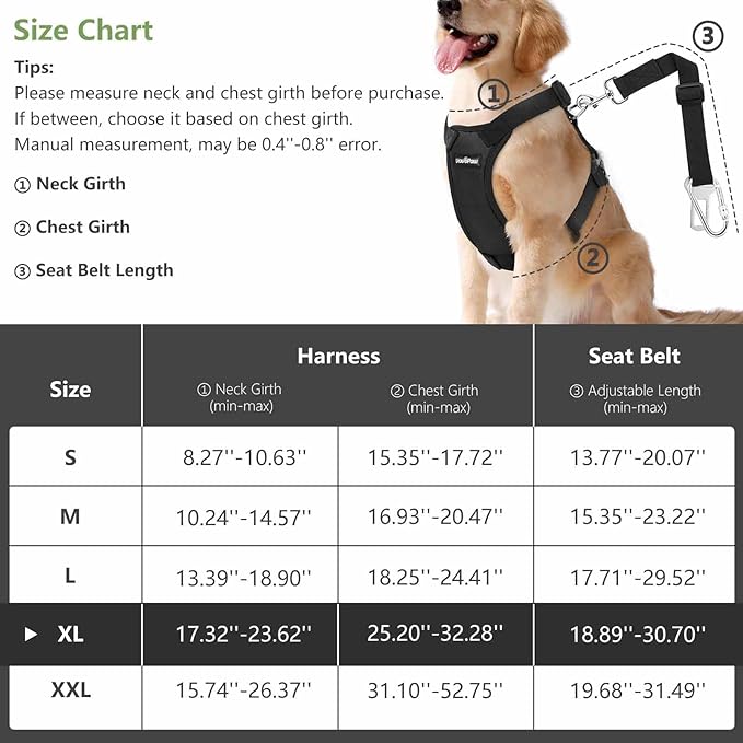 Dog Vehicle Safety Vest Harness, Adjustable Soft Padded Mesh Car Seat Belt Leash Harness with Travel Strap and Carabiner for Most Cars, Size Extra Large, Black