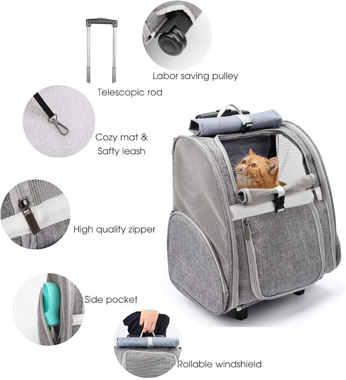 Lollimeow Pet Rolling Carrier, Dog Backpack with Wheels,Cats,Puppies Travel Bag with Wheels,Dog Trolley(Grey)