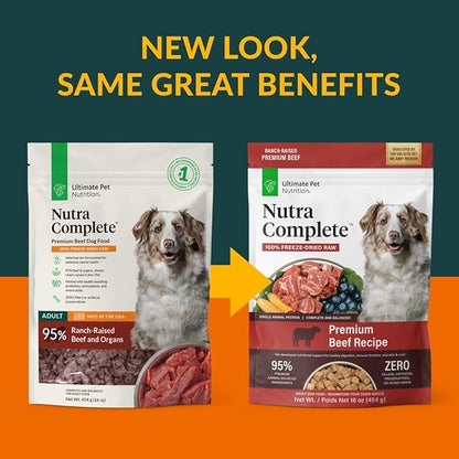 ULTIMATE PET NUTRITION Nutra Complete, 100% Freeze Dried Veterinarian Formulated Raw Dog Food with Antioxidants Prebiotics and Amino Acids, (1 Pound, Beef)