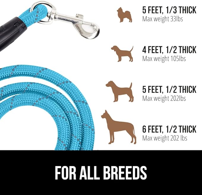 Gorilla Grip Dog Leash, Heavy Duty Reflective Rope Leashes for Large, Medium, Small Breed Dogs, Puppy Training Essential for Walks, Hikes, Soft Handle, Rotating Metal Clip, Waste Bag Dispenser, Blue