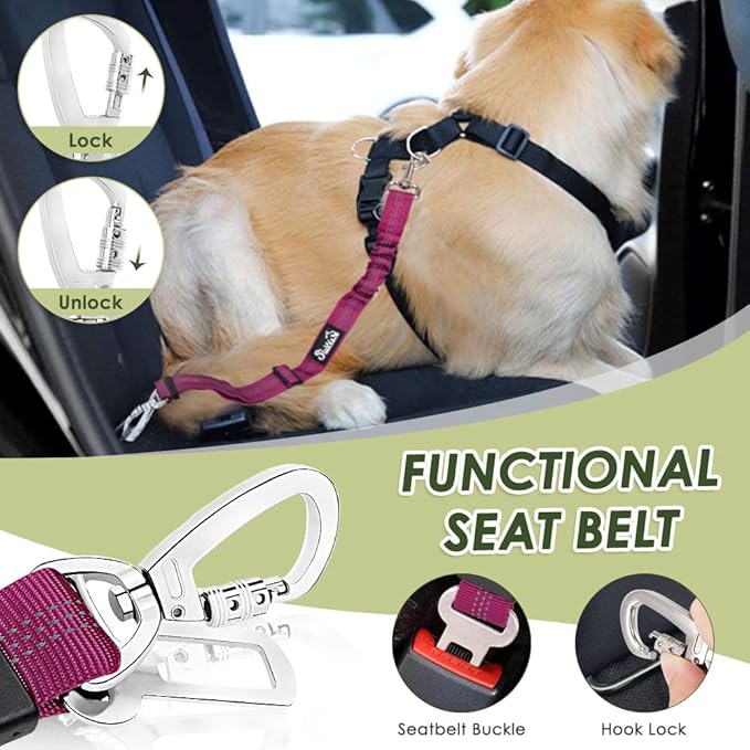 Lukovee Dog Seat Belt for Car, Adjustable Dog Car Harness for Large Medium Small Dogs, Soft Padded & Breathable Mesh Dog Seatbelt with Car Strap and Carabiner(Rose Double Clip,Medium)