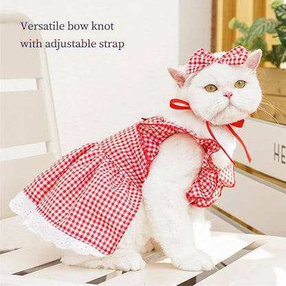 ANIAC Plaid Dog Dress with Leash Ring Girl Dog Clothes for Small Dog Bow Decor Red Cat Dress for Cat only Holiday Puppy Clothes for Chihuahua Yorkie Dachshund Pomeranian (Small