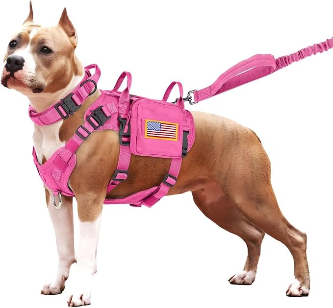 Forestpaw Pink Tactical Dog Harness for Large Dogs,Tactical Dog Collar with Bungee Leash Set,No Pull Military Dog Harness for Dog Walking Training,Adjustable for Medium Large Dogs,S