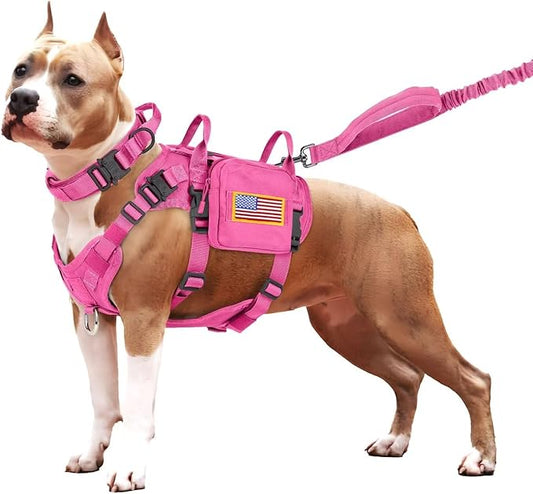 Forestpaw Pink Tactical Dog Harness for Large Dogs,Tactical Dog Collar with Bungee Leash Set,No Pull Military Dog Harness for Dog Walking Training,Adjustable for Medium Large Dogs,S