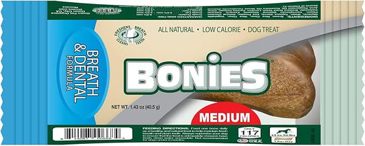 Bonies Natural Breath and Dental Formula Medium-Sized Single Bone - All-Natural Ingredients, Fresh Breath, Cleans Teeth, Low Calories, Chicken Flavor, [Medium], 1 Bone