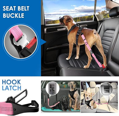 Lukovee Dog Seatbelt Leash for Cars, 2 Pack Pet Safety Car Seat Belt with Adjustable Buckle & Reflective Bungee, Connect Dog Harness in Vehicle Car Dogs Restraint Travel Daily Use (PI-0)