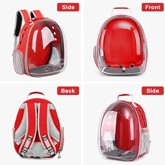 Pet Backpack Carrier with Harness Backpack with Bubble Clear Front for Cats, Small Dogs, Bunnies etc with Harness Included, Pet Carrier for Traveling, Walking, Hiking and Outdoor Activities (Red-1)