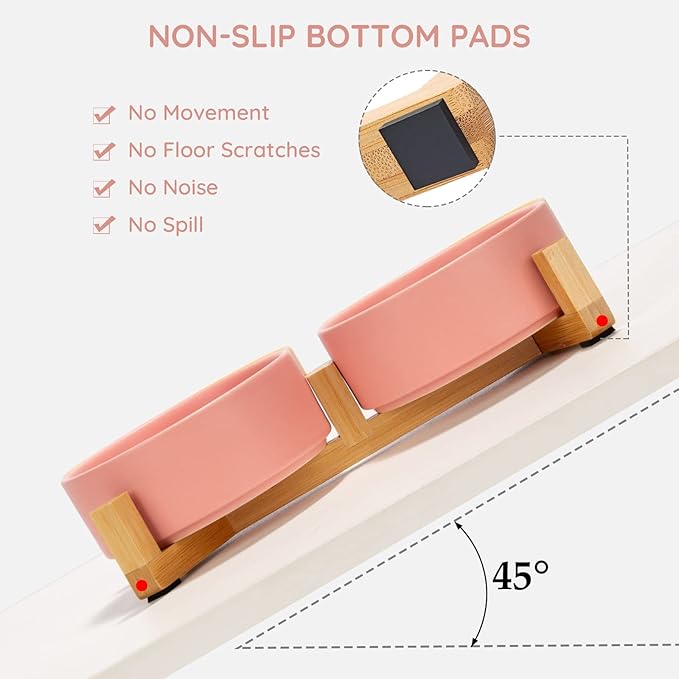 SPUNKYJUNKY Ceramic Dog and Cat Bowl with Wood Stand Non-Slip Matte Glaze Weighted Food Water Set for Cats &Small Dogs 13.5 OZ