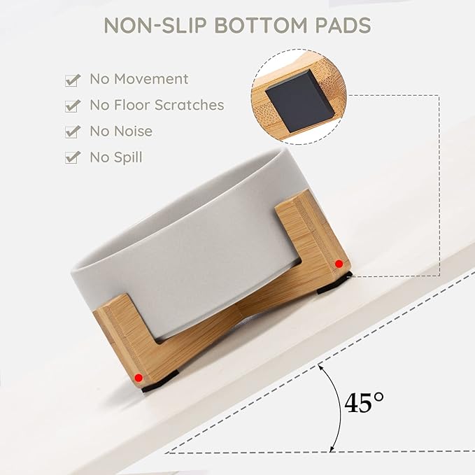 SPUNKYJUNKY Ceramic Dog and Cat Bowl Set with Wooden Stand, Modern Cute Weighted Food Water Set for Small Size Dogs (13.5OZ) & Medium Sized Dogs (28.7OZ) & Cats (7.6 Cups, Grey×1)