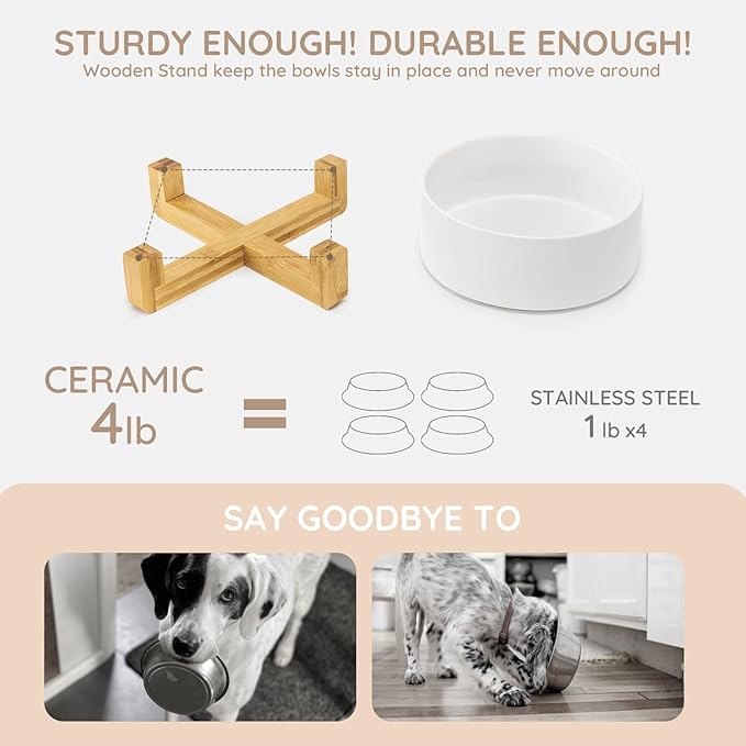 SPUNKYJUNKY Ceramic Dog and Cat Bowl with Wooden Stand, Modern Cute Weighted Food Water Bowl for Large Dogs & Cats White