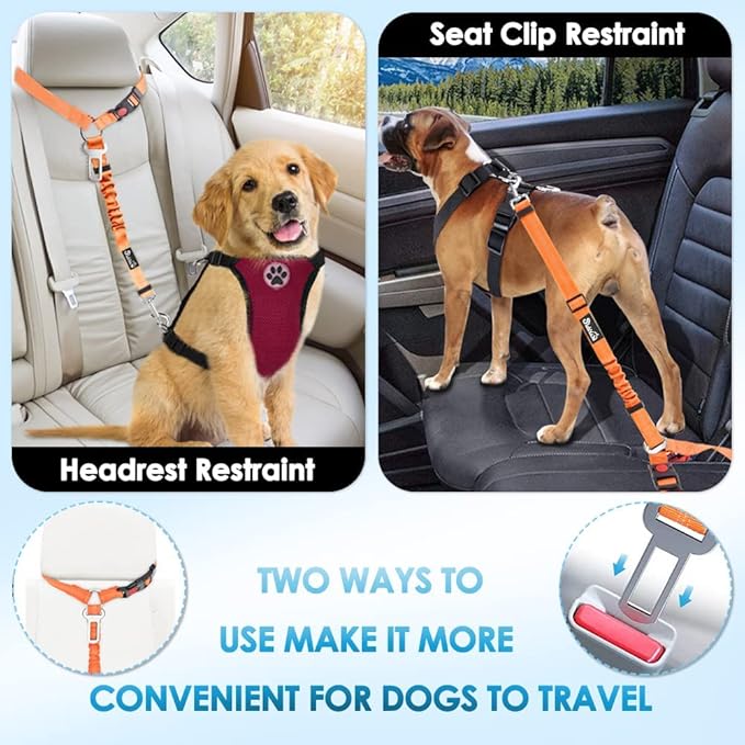 Lukovee Dog Car Seat Belt, 2 Pack Headrest Restraint Seatbelt, Adjustable Pet Safety Leads with Reflective Elastic Bungee for Dog Harness Collar Travel Daily Use (Orange,Headrest + Clip)