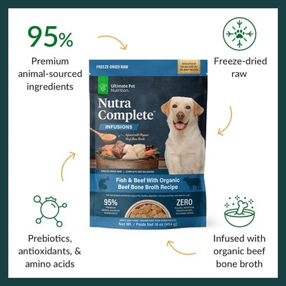 ULTIMATE PET NUTRITION Nutra Complete Bone Broth Infusions, 100% Freeze Dried Veterinarian Formulated Raw Dog Food with Antioxidants Prebiotics and Amino Acids, (1 Pound, Bone Broth Fish)