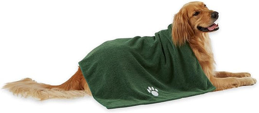 Bone Dry Pet Grooming Towel Collection Absorbent Microfiber X-Large, 41x23.5", Embroidered Hunter Green