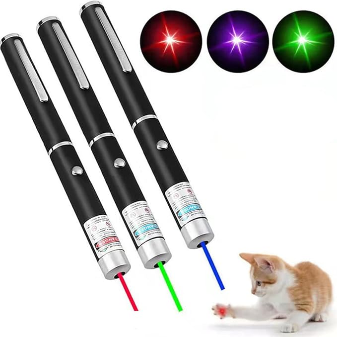 3 Pcs Cat Toys Green Red Blue Light Dogs Pet Laser Toy Interactive Chase Pen Tease Cat Laser Light (Mixed Color, Without Battery 3 Pack)