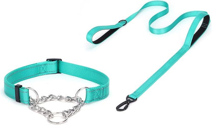 Martingale Dog Collar with Stainless Steel Chain and Leash Set 5FT Double