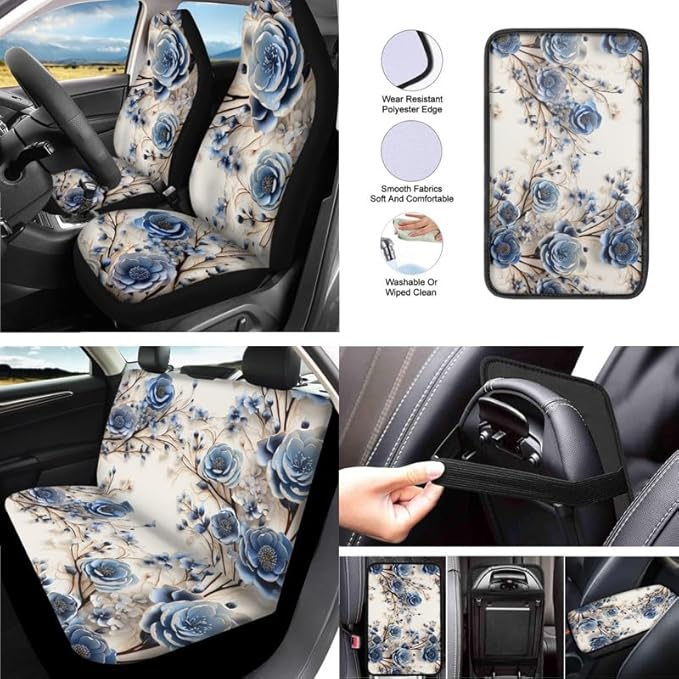 Blue Rose 13 PCS Car Seat Cover Full Set Flowers Painting Front Back Seat Covers Floral Art Steering Wheel Cover