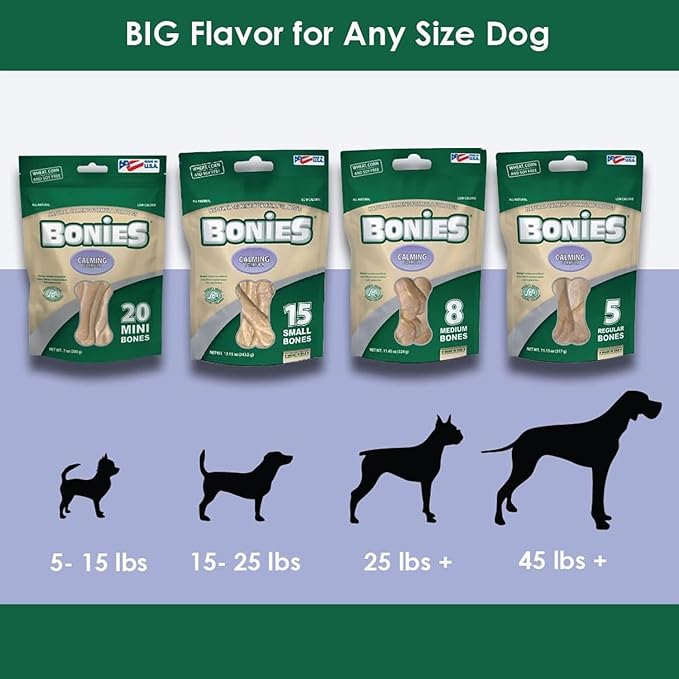 Bonies Natural Calming Formula Medium-Sized Single Bone - Contains Chamomile & Lavender, Help Anxiety, Excessive Barking & Trembling, Chicken Flavor, [Medium Dog], 8 Bones