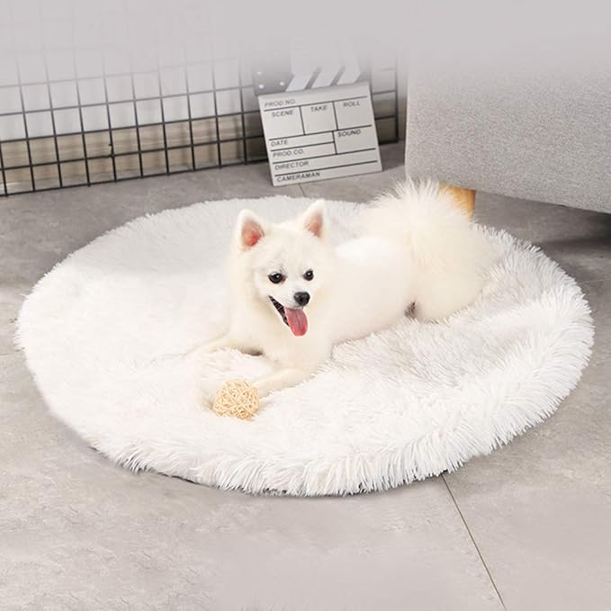 31 Inch Plush Dog Bed Mat Warm Fluffy Round Puppy Crate Pad with Anti-Slip Waterproof Bottom Soft Comfy Pet Kennel Mat for Small and Medium Dogs Sleeping(White)