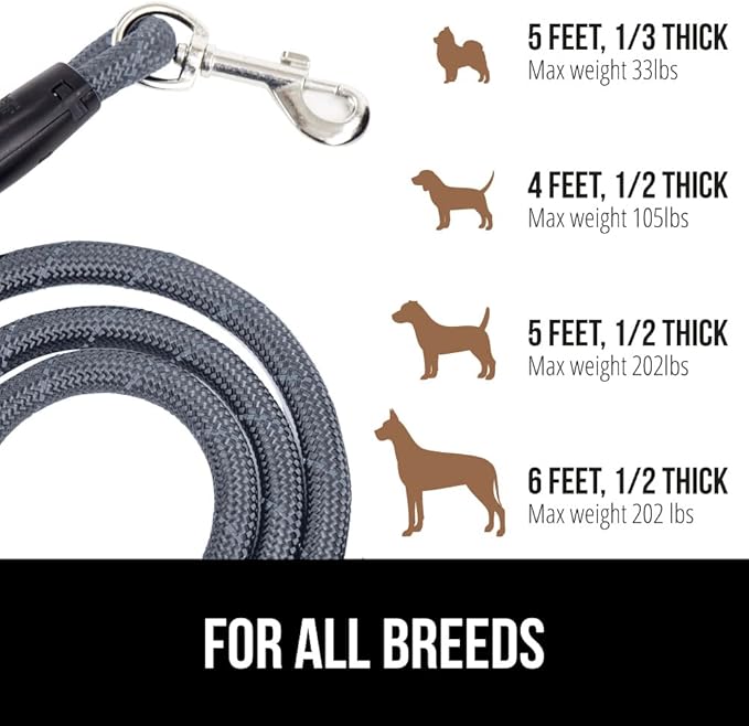 Gorilla Grip Dog Leash, Heavy Duty Reflective Rope Leashes for Large, Medium, Small Breed Dogs, Puppy Training Essential for Walks, Hikes, Soft Handle, Rotating Metal Clip, Waste Bag Dispenser, Gray