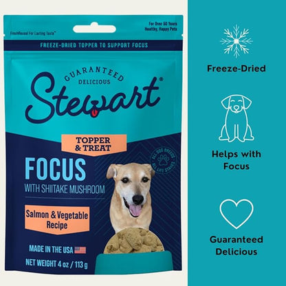 Stewart Freeze Dried Dog Food Topper, Focus, Salmon and Vegetable Recipe, 4 Ounce Pouch, Shiitake Mushrooms and Antioxidants for Cognitive Function