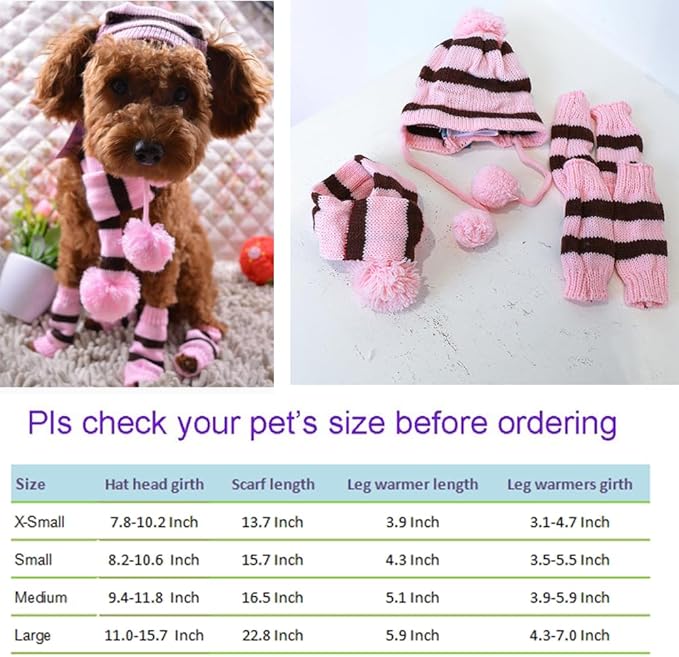 ANIAC 6 PCS Winter Knitted Dog Hat Scarf and Leg Warmer Set Puppy Warm knitting Hat with Ear Holes Pet Pompom Cap & Collar Christmas Costume Suit for Cats Small Dogs (Medium
