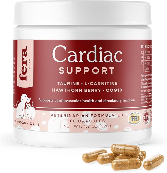 Fera Pets Cardiac Supplement for Dogs & Cats – 60 Capsules – Vet Created -Cardiovascular Function & Strength-Taurine, CoQ10, Organic Hawthorne Berry