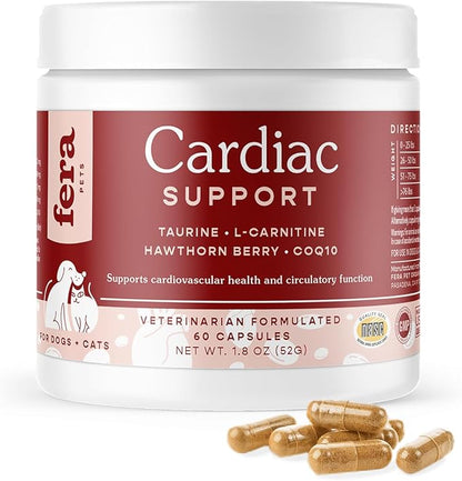 Fera Pets Cardiac Supplement for Dogs & Cats – 60 Capsules – Vet Created -Cardiovascular Function & Strength-Taurine, CoQ10, Organic Hawthorne Berry