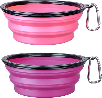 Dog Bowl Pet Collapsible Bowls, 2 Pack Collapsible Dog Water Bowls for Cats Dogs, Portable Pet Feeding Watering Dish for Walking Parking Traveling with 2 Carabiners (Large, Pink+Purple)