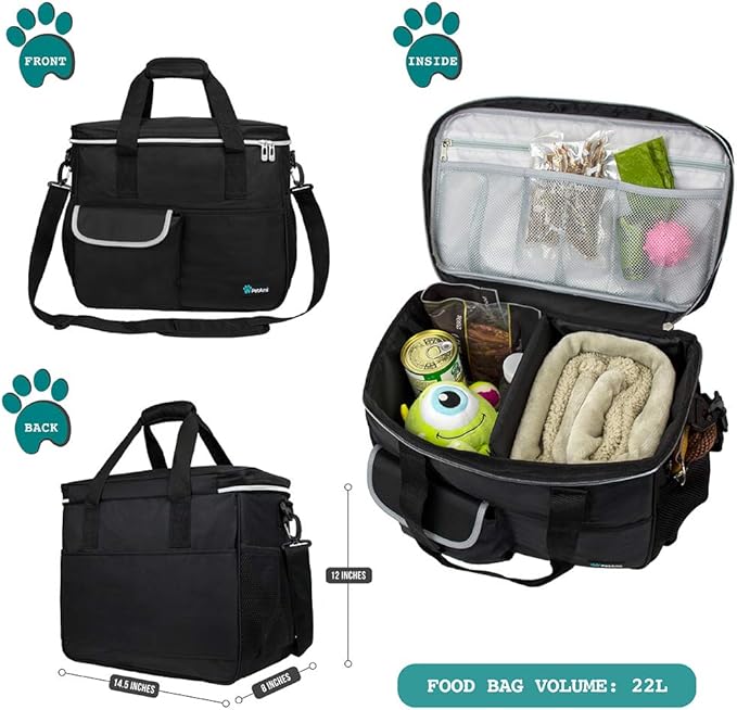 PetAmi Dog Travel Bag, Travel Pet Bag Organizer, Dog Food Travel Bag with Food Container and Bowls, Dog Travel Supplies Gift Accessories for Weekend Camping, Dog Cat Diaper Bag (Black, Medium)