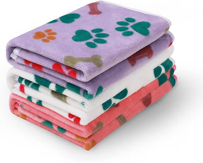 Luciphia 1 Pack 3 Blankets Fluffy Premium Fleece Pet Blanket Flannel Paw Bone Printed Throw for Dog Cat(Medium 30x20'', Purple/Pink/White)