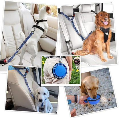 Lukovee Dog Seatbelt Leash for Cars, 2 Pack Pet Safety Car Seat Belt with Adjustable Buckle & Reflective Bungee, Connect Dog Harness in Vehicle Car Dogs Restraint Travel Daily Use (Blue Paw)