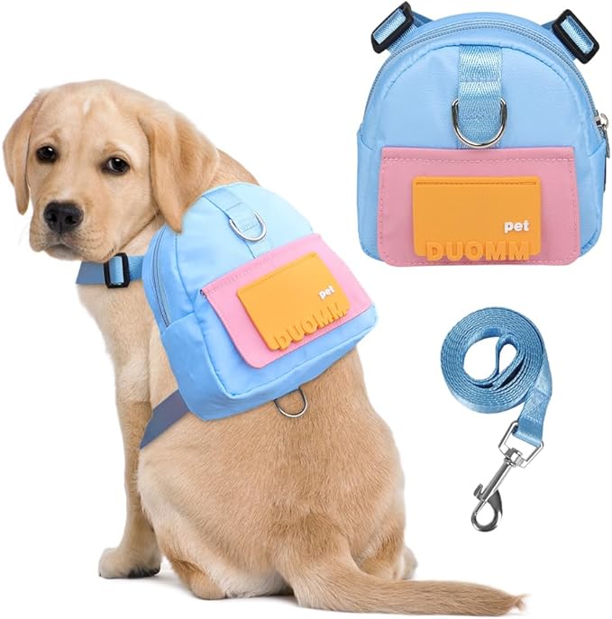 Dog Backpack Harness with Leash,Cute Pet Puppy Backpacks Bulid-in Dog Poop Bag Dispenser,Adjustable Pets Self Carrier Bag for Small Medium Dogs Travel Hiking Daily Walking