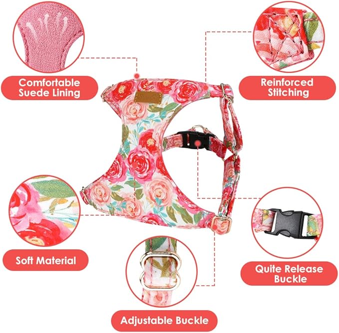 SlowTon No Pull Dog Harness with Leash - Soft Lightweight Floral Pattern Puppy Harness, Adjustable Pet Harness for Small Medium Dogs (Pink Rose XS)