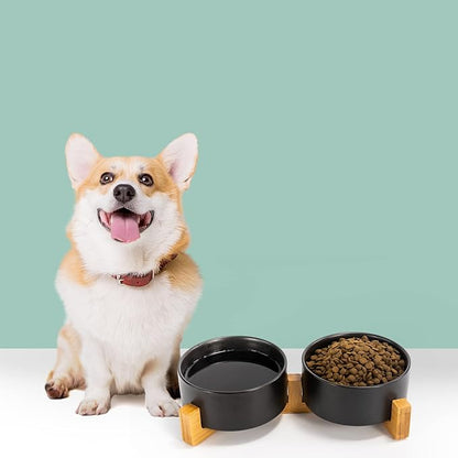 SPUNKYJUNKY Ceramic Dog and Cat Bowl Set with Wooden Stand, Modern Cute Weighted Food Water Set for Small Size Dogs (13.5OZ) & Medium Sized Dogs (28.7OZ) & Cats (3.6 Cups, 2 × Black)