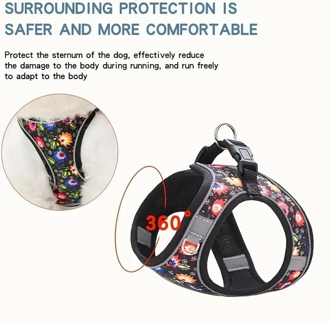 Step in Dog Harness No Pull Flower Adjustable Soft Mesh Padded Reflective Velcro Pet Vest Harness and Leash Set for Small Medium Dogs