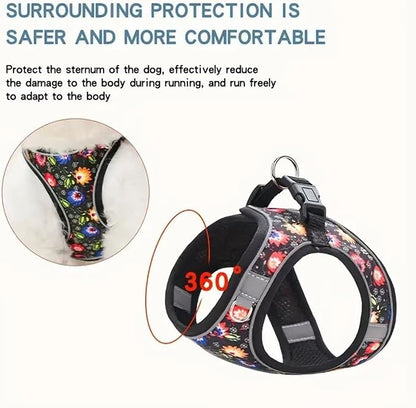 Step in Dog Harness No Pull Flower Adjustable Soft Mesh Padded Reflective Velcro Pet Vest Harness and Leash Set for Small Medium Dogs