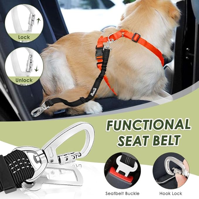 SlowTon Dog Seat Belt Harness for Car, Dog Car Harness Adjustable Mesh Breathable & Dog Seatbelt Safety Tether with Elastic Bungee for Small Medium Large Pets(Orange, Double Clip, XXS)