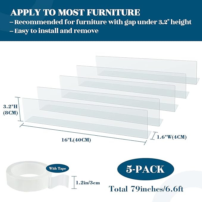 Under Couch Blocker for Pets Gap Bumper Toy Blockers for Furniture Stop Dogs And Cats Safety PVC Adjustable Clear Under Bed Blocker For Sofa Barrier Blocking with Strong Adhesive 5 Pack 3.2'' Height