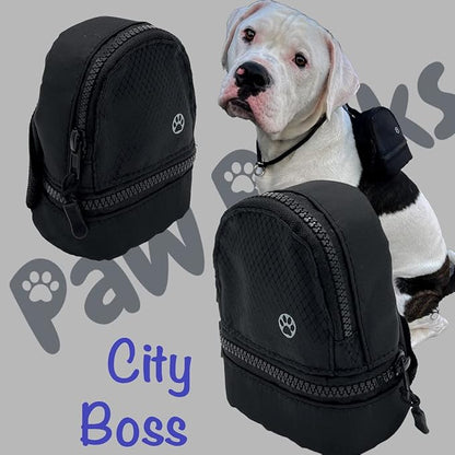 LLC Dog Backpack, Cat Backpack, Small Carrier | Clip on Harness or Leash, Fun Pet Treat Holder, Toy Bag, or Waste Dispenser | Dog Treat Training Pouch (City Boss)