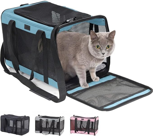 Gorilla Grip Airline Travel Cat Carrier Bag Up to 15 Lbs, Breathable Mesh Collapsible Pet Carriers for Small, Medium Cats, Small Dogs, Puppies, Portable Kennel with Soft Washable Waterproof Pad, Blue