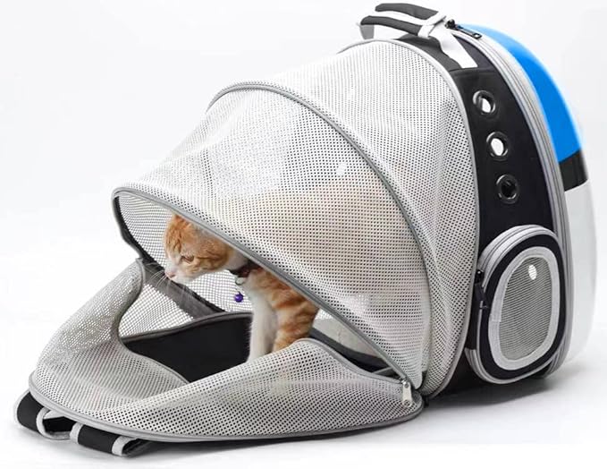 Expandable Cat Carrier Backpack, Backpack for Cats Kitten Small Puppy, Airline Approved Cat Bubble Backpack, Space Capsule Astronaut Carrier (Blue, Back Extension)