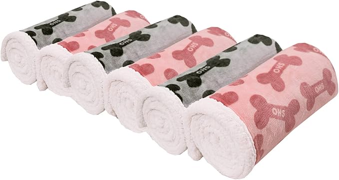 Dog Blankets 6 Pack Flannel Fleece Sherpa Puppy Throw Blankets Bulk 30x43 Inch Warm Sleeping Ultra Soft Bone Printed Plush Fluffy Paw Mat for Pet Couch Bed, Grey and Pink